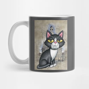 Cute black and white kitty in front of old church sketch Mug